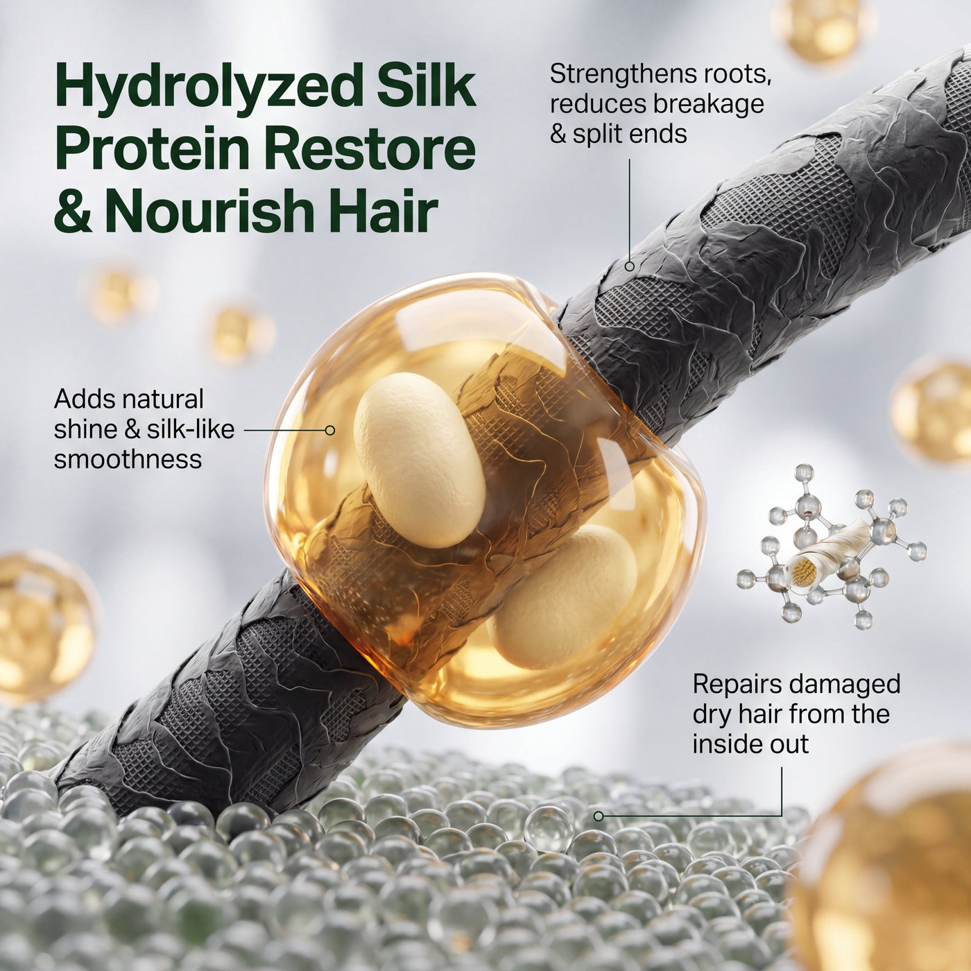 Illustration showing hydrolyzed silk protein supporting the hair fiber