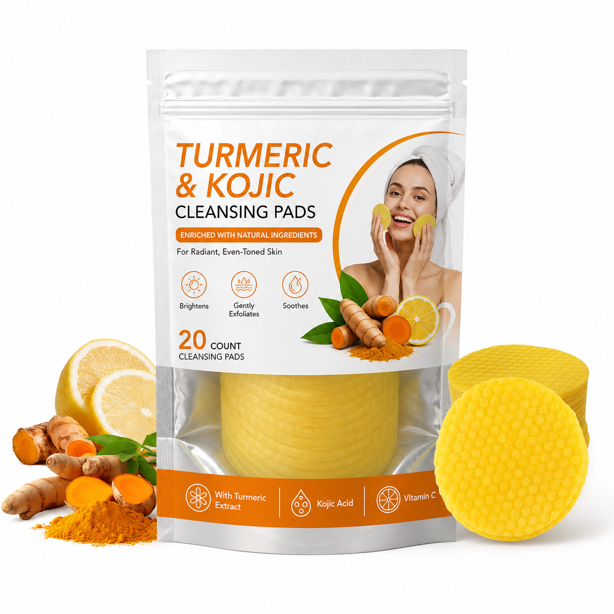 20-count turmeric and kojic acid cleansing pads pouch shown with turmeric and lemon