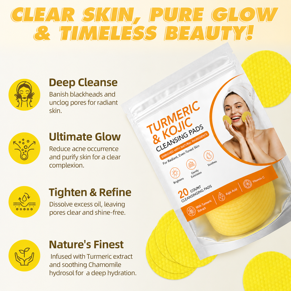 Turmeric and kojic acid cleansing pads highlighting cleansing and brightening benefits