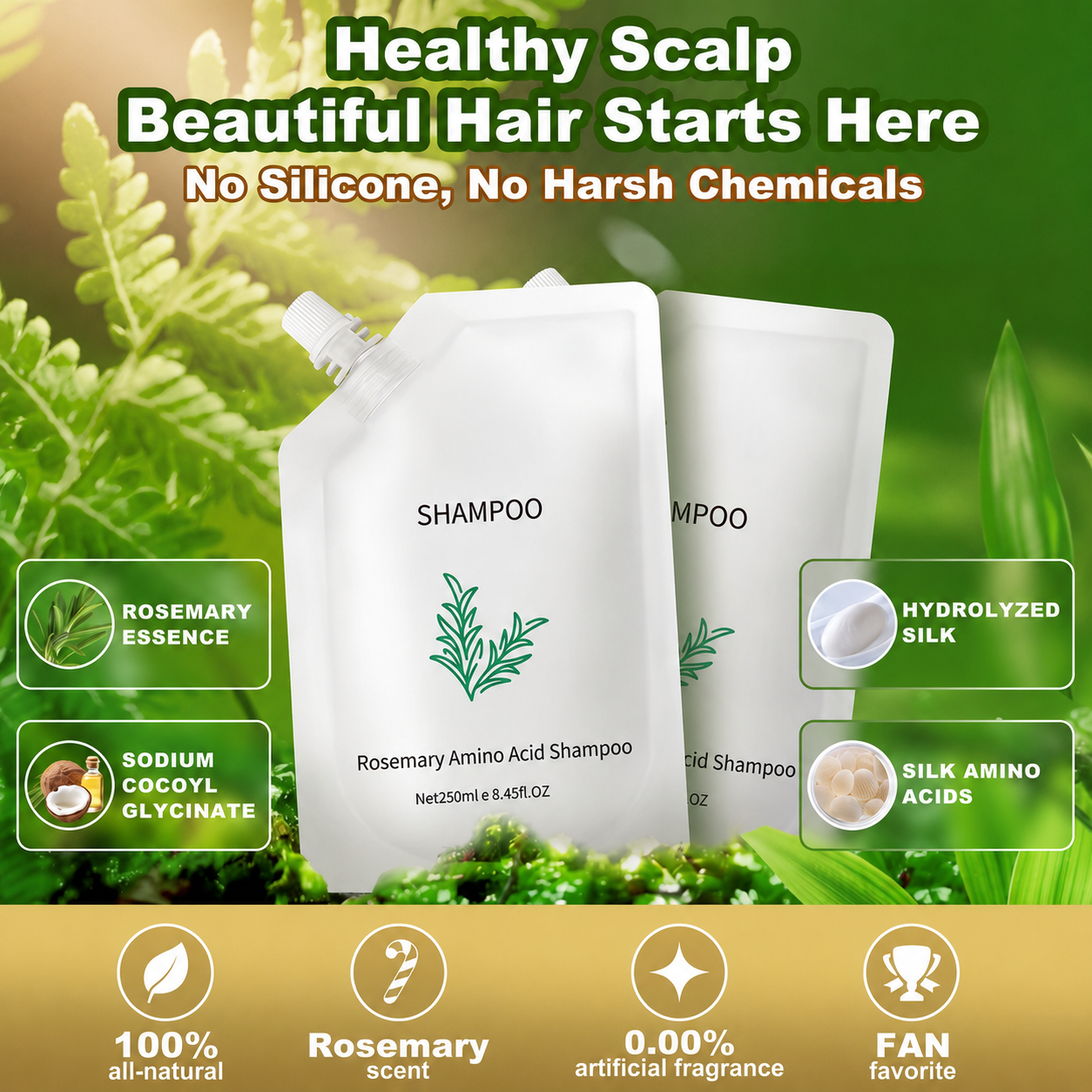 Rosemary shampoo pouches surrounded by botanical greenery